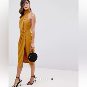 ASOS DESIGN mustard yellow halter high neck drape pencil midi dress